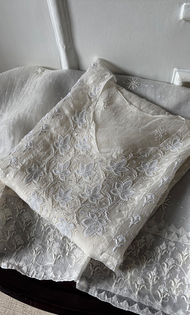 Women's Lakhnavi Handcrafted Pure Organza Chikankari Semi - stitched Kurta And Dupatta Set- HONC0322186