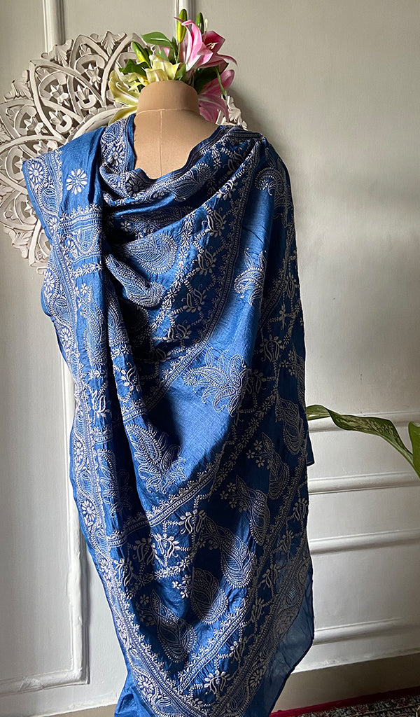 Women's Lakhnavi Handcrafted Tussar Silk Chikankari Saree - HONC0342571