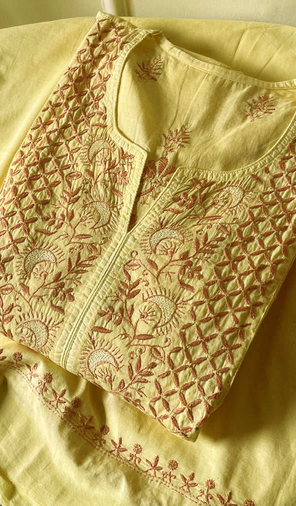 Lakhnavi Handcrafted Cotton Chikankari Semi Stitched Kurta And Dupatta Set- HONC0138429