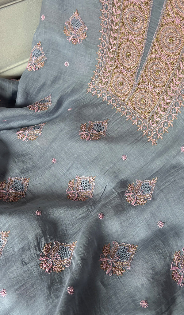 Women's Lakhnavi Handcrafted Mul Chanderi Unstitched Chikankari Full Suit - HONC0349091