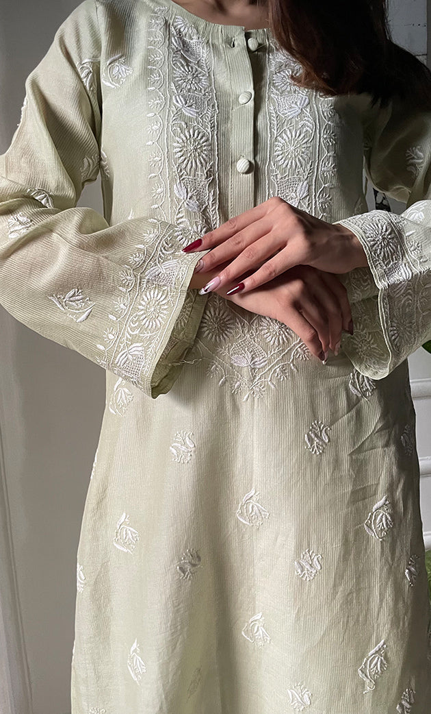 Amayra Women's Lucknowi Handcrafted Maheshwari Mul Chanderi Chikankari Kurti - HONC0300060