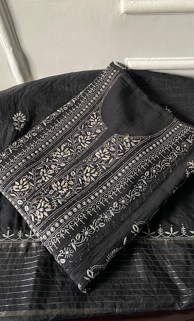 Women's Lakhnavi Handcrafted Mul Chanderi Semi - Stitched Kurta And Dupatta Set - HONC0157508