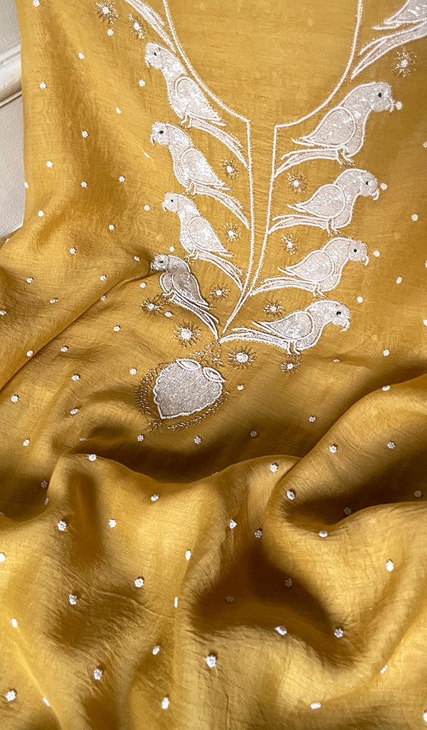 Chidiya Women's Lakhnavi Handcrafted Mul Chanderi Unstitched Chikankari Full Suit Material - HONC0320726