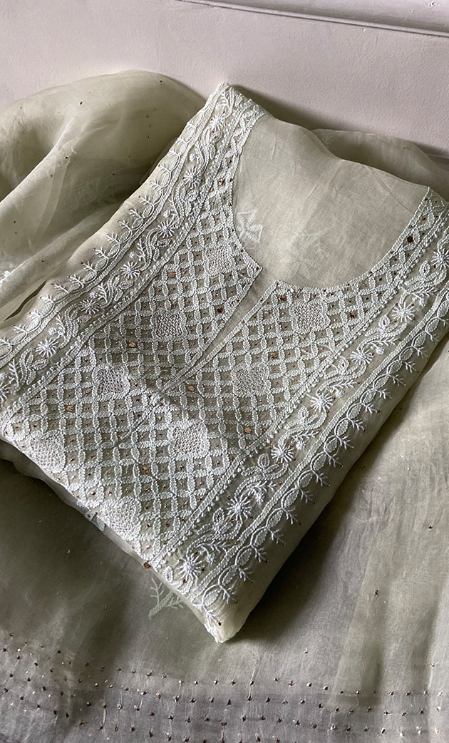 Women's Lakhnavi Handcrafted Pure Organza Chikankari Unstitched Kurta And Dupatta Set- HONC0266928