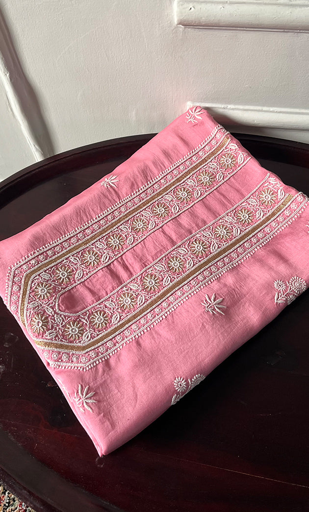 Lucknowi Handcrafted Chanderi Silk Chikankari Unstitched Unisex Kurta Fabric - HONC0322109