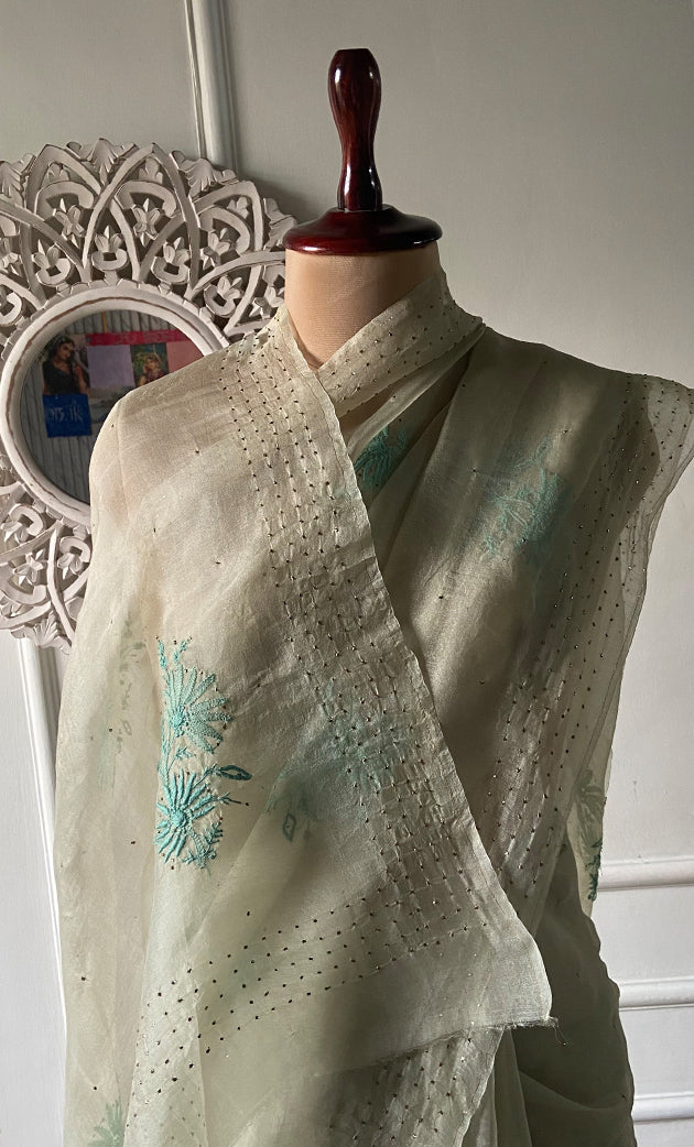 Women's Lucknowi Handcrafted Pure Organza Silk Chikankari Saree - HONC0296104