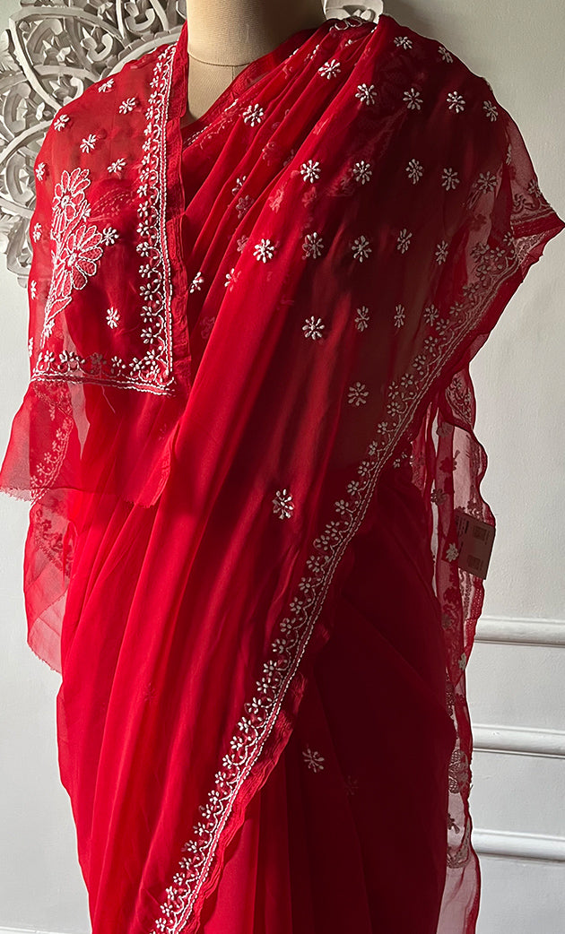 Women's Lucknowi Handcrafted  Faux-Georgette Chikankari Saree - HONC0311919