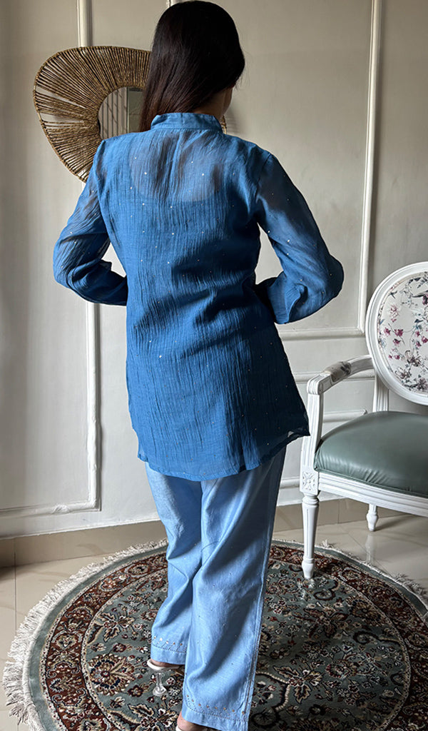 Emma Women's Lucknowi Handcrafted Mul Chanderi Stitched Chikankari Kurta And Pant Set- HONC0320764