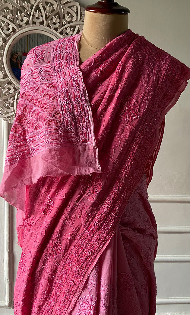 Women's Lakhnavi Handcrafted Pure Silk Georgette Chikankari Saree - HONC0327292