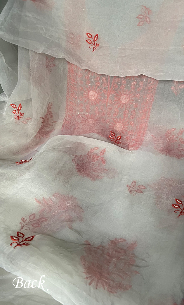 Women's Lakhnavi Handcrafted Pure Organza Chikankari Unstitched Kurta And Dupatta Set- HONC0288317