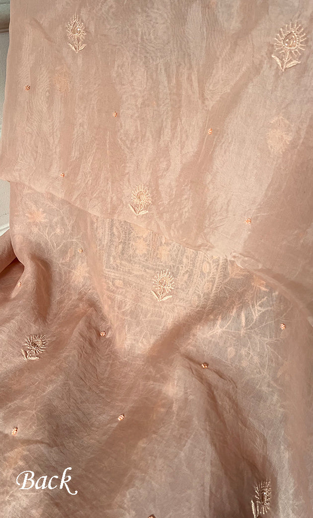 Women's Lakhnavi Handcrafted Pure Organza Chikankari Unstitched Kurta And Dupatta Set- HONC0327850