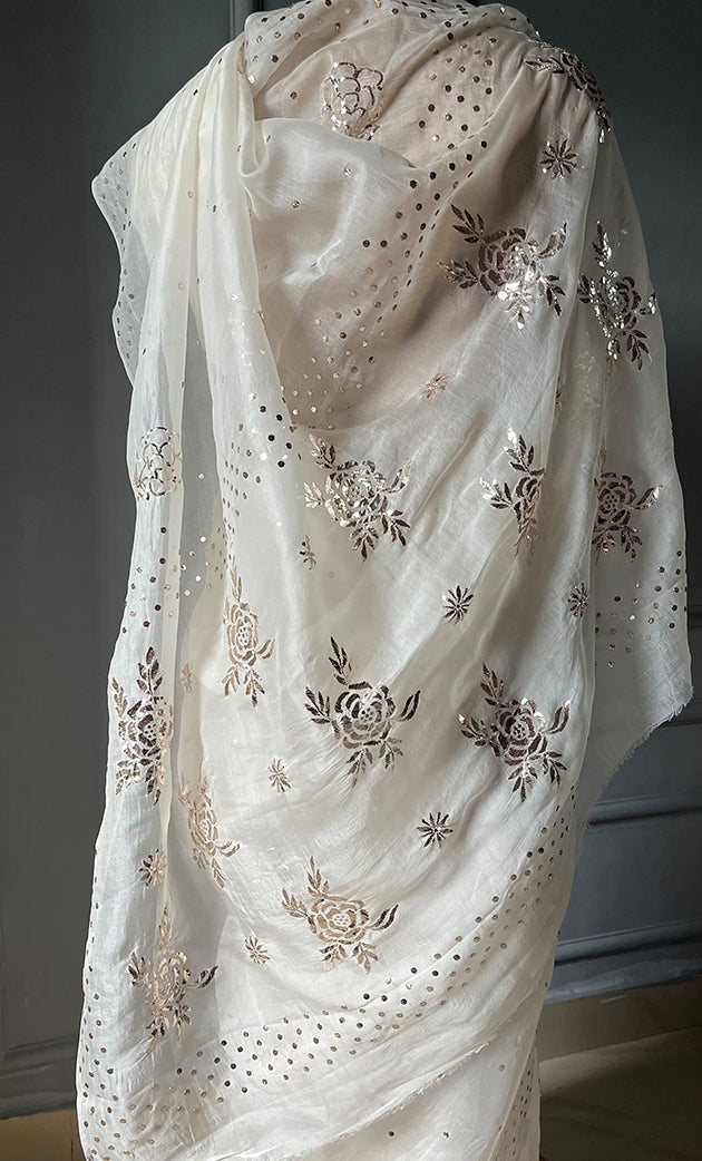 Women's Lucknowi Handcrafted Pure Organza Silk Chikankari Saree - HONC0307475