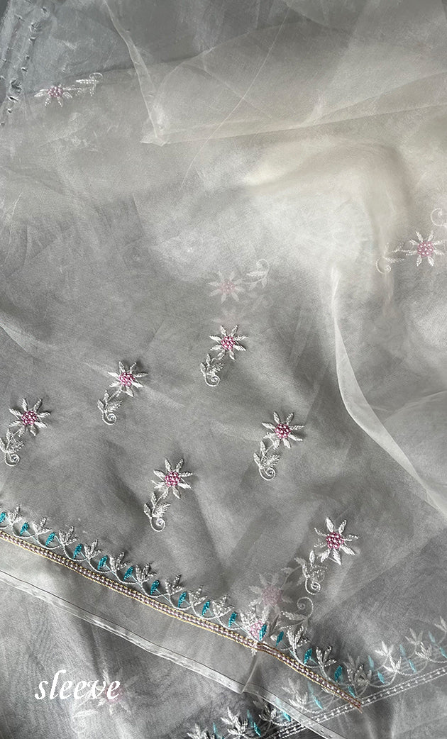 Women's Lakhnavi Handcrafted Pure Organza Chikankari Unstitched Kurta And Dupatta Set- HONC0304407