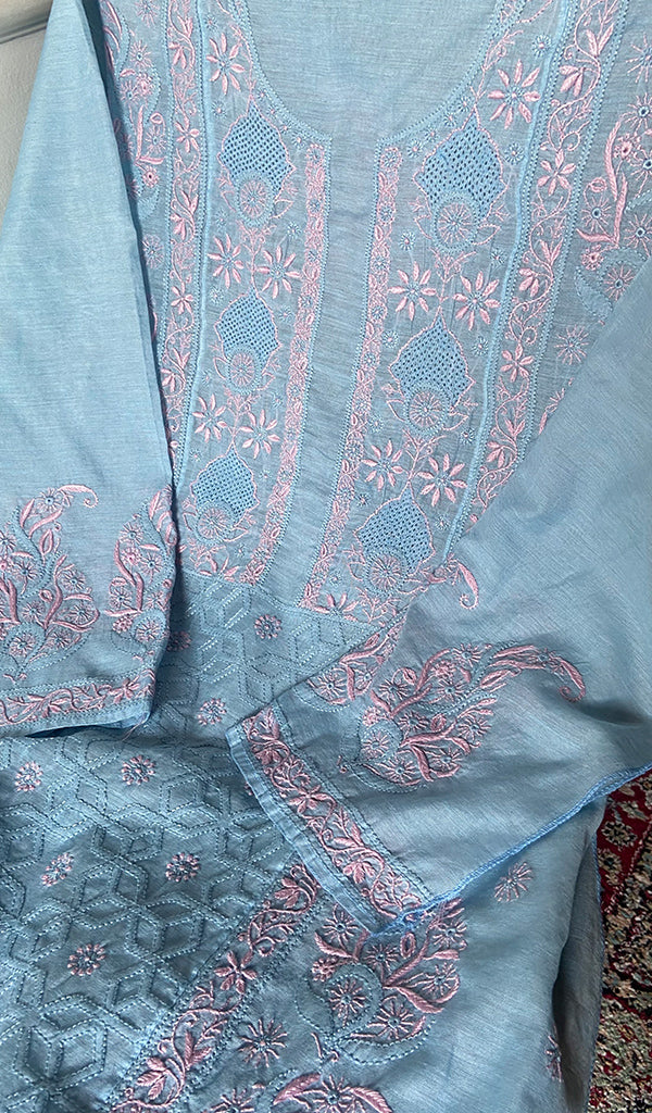 Women's Lucknowi Handcrafted Semi -Stitched Chanderi Silk Chikankari Full Suit Material - HONC0269962