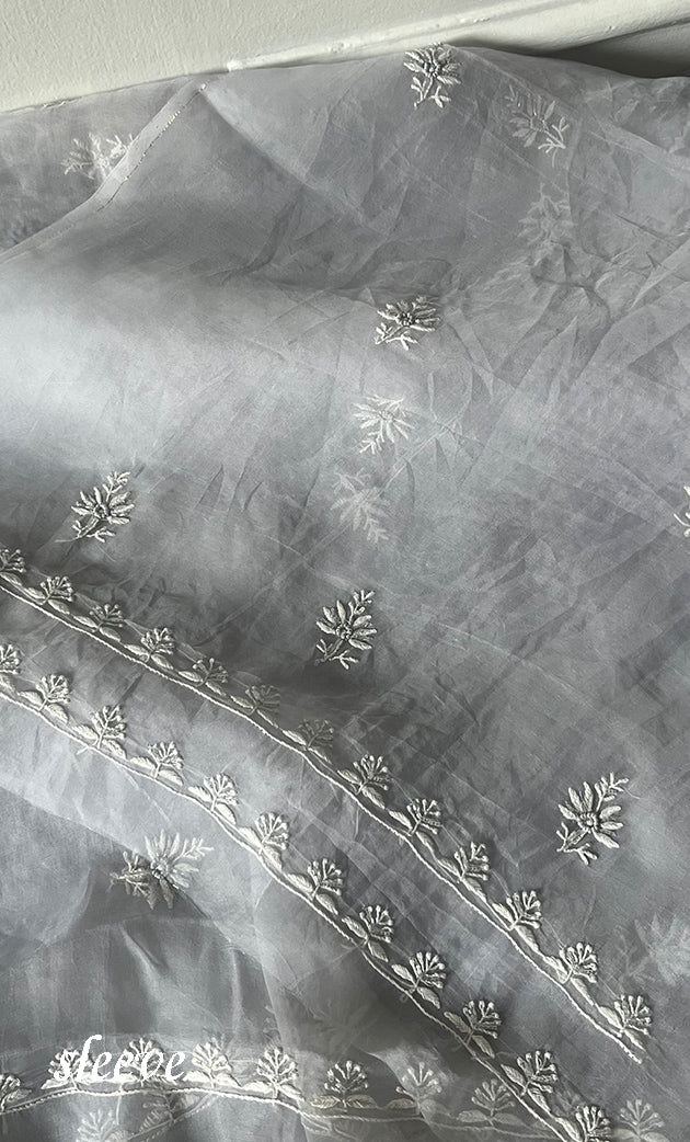 Women's Lakhnavi Handcrafted Pure Organza Chikankari Unstitched Kurta And Dupatta Set- HONC0311253