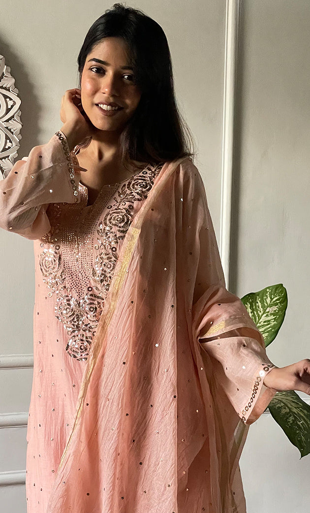 Women's Lakhnavi Handcrafted Mul Chanderi Chikankari Stitched Kurta, Dupatta And Pant Set - HONC03224190