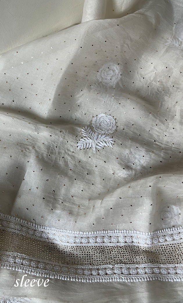 Afeera Women's Lakhnavi Handcrafted Pure Organza Chikankari Unstitched Kurta And Dupatta Set- HONC0302221