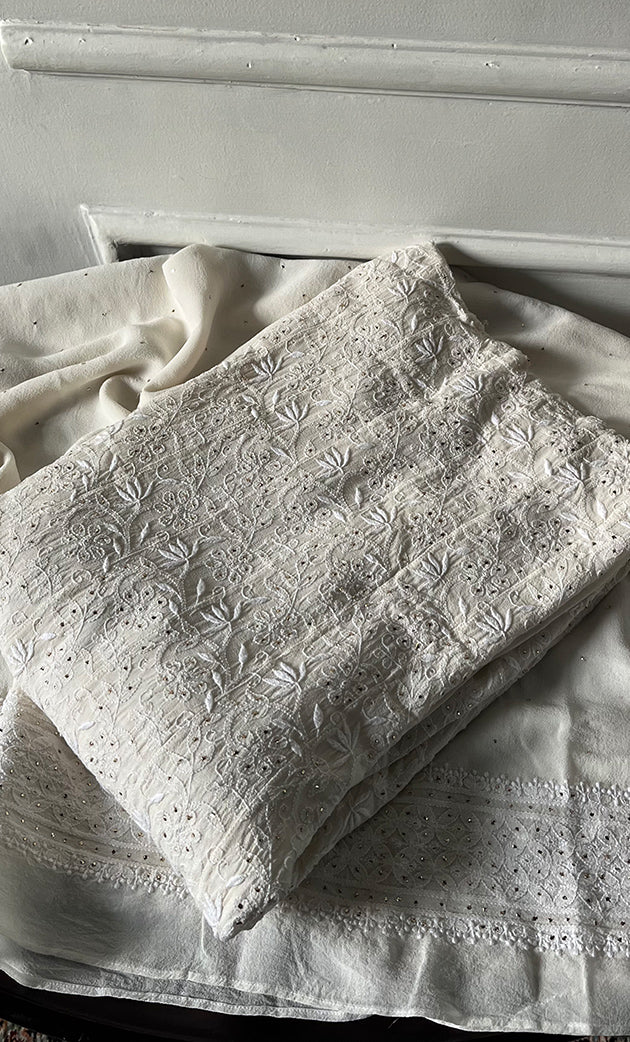 Women's Lakhnavi Handcrafted Pure Silk Georgette Chikankari Semi - Stitched Anarkali And Dupatta Set- HONC0302212