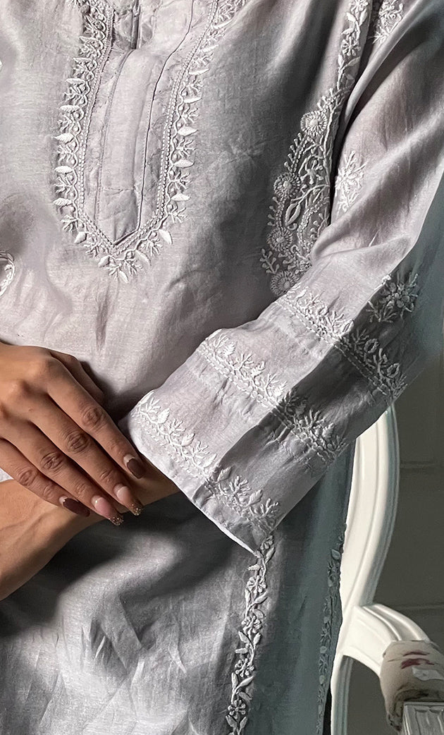 Women's Lakhnavi Handcrafted Mul Chanderi  Chikankari Top - HONC0329107