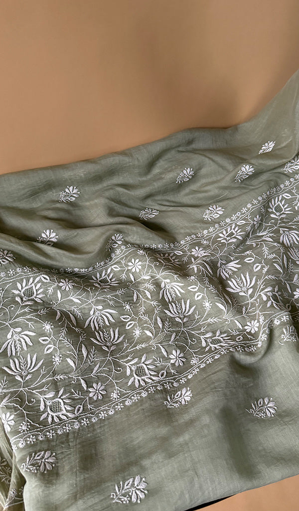 Women's Lakhnavi Handcrafted Mul Chanderi Unstitched Chikankari Full Suit Material - HONC0363740