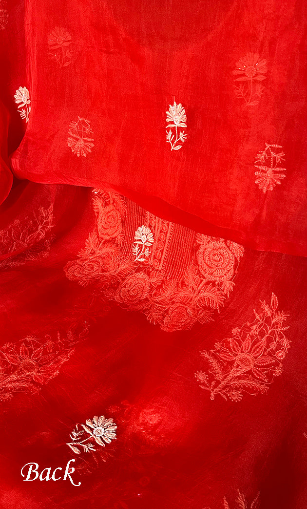 Women's Lakhnavi Handcrafted Pure Organza Chikankari Unstitched Kurta And Dupatta Set- HONC0311701