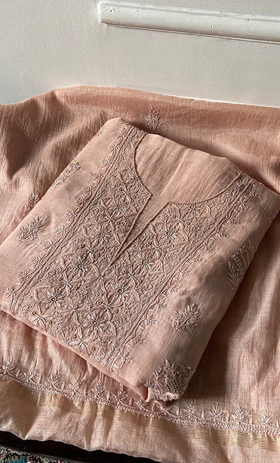 Women's Lakhnavi Handcrafted Mul Chanderi Unstitched Chikankari Full Suit Material - HONC0328132