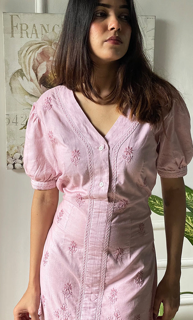 Women's Lucknowi Handcrafted Cotton Chikankari Long Dress - HONC0309318