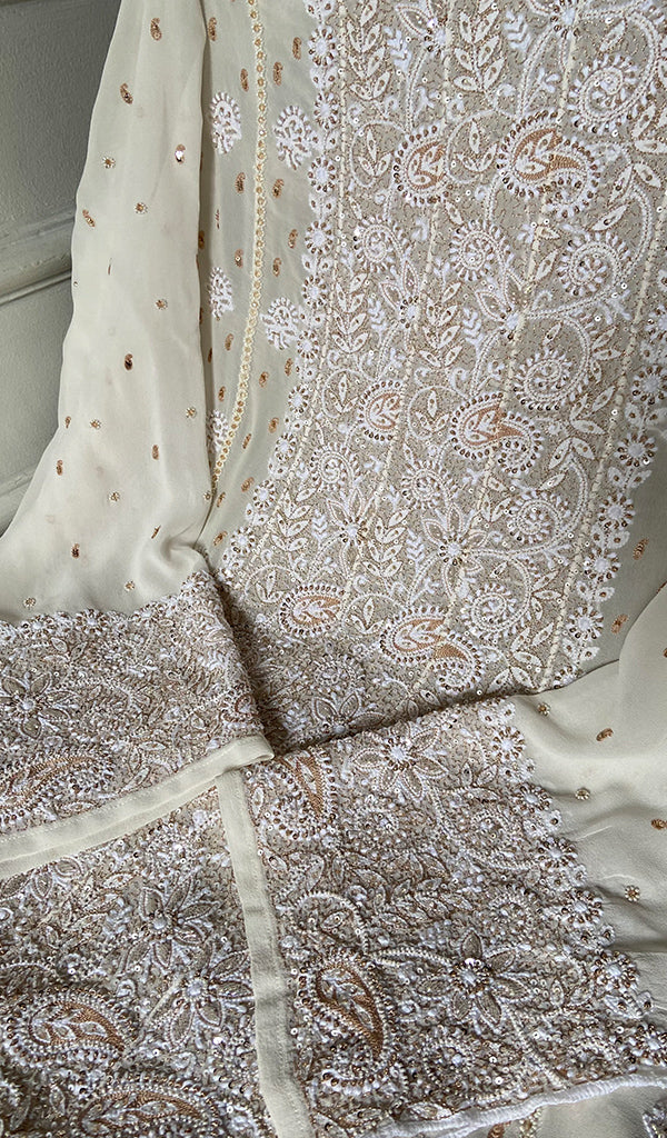 Women's Lakhnavi Handcrafted Pure Silk Georgette Chikankari Semi - stitched Anarkali And Dupatta Set- HONC0334398