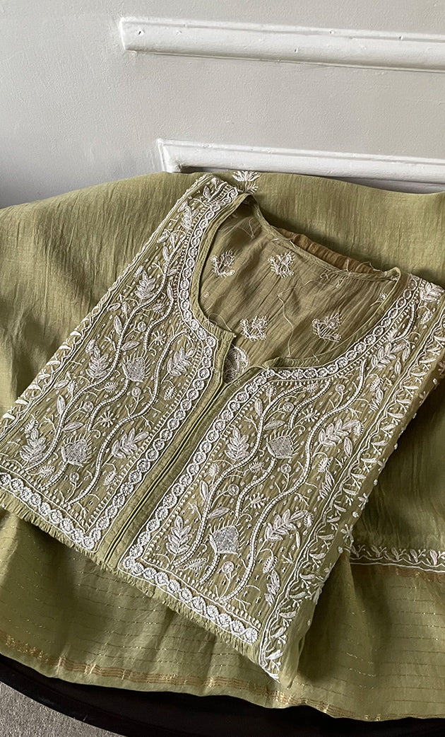 Women's Lakhnavi Handcrafted Mul Chanderi Semi - Stitched Kurta And Dupatta Set - HONC0309524