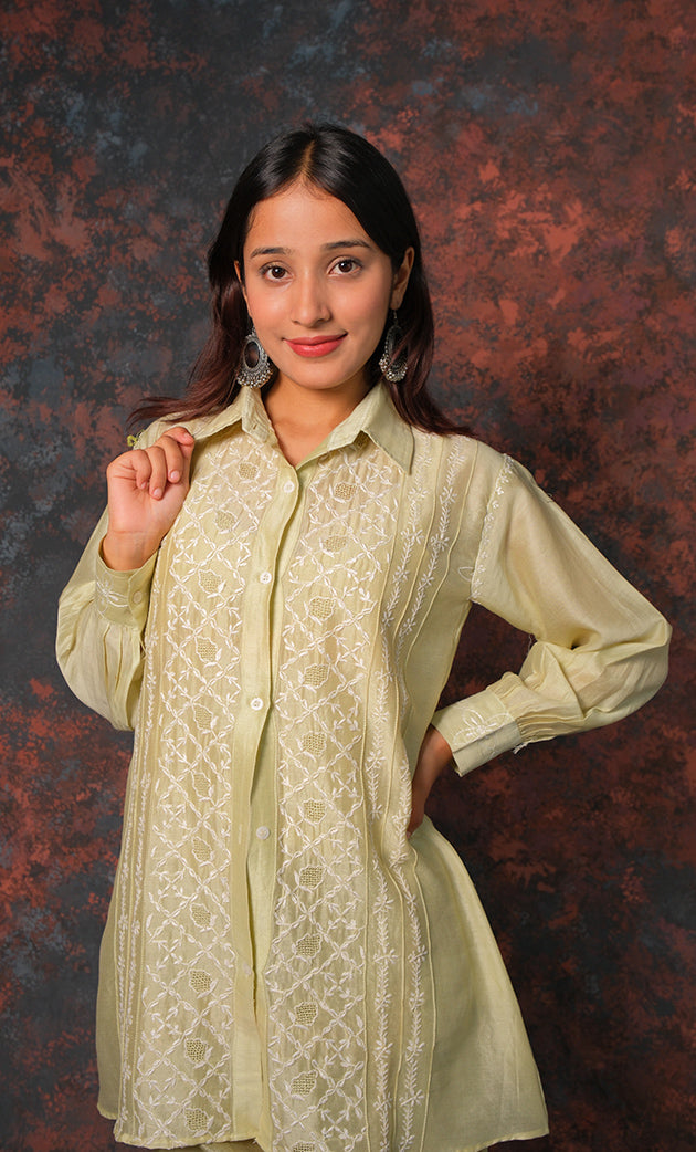 Women's Lakhnavi Handcrafted Chanderi Silk Chikankari Top And Pant Set - HONC0310758