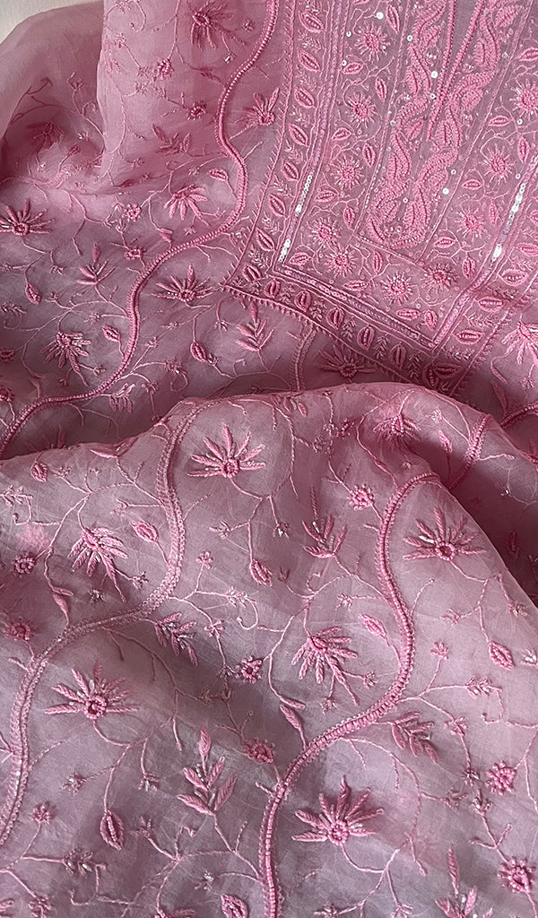 Women's Lakhnavi Handcrafted Pure Organza Chikankari Unstitched Kurta And Dupatta Set- HONC0267059