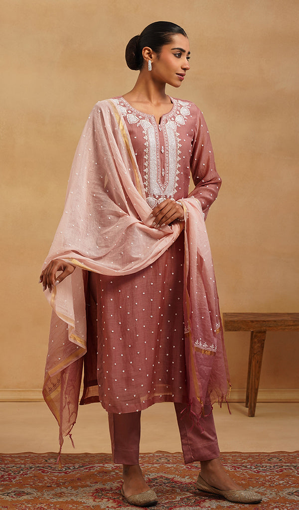 Jazba Women's Lakhnavi Handcrafted Mul Chanderi Chikankari Stitched Kurta, Dupatta And Pant Set - HONC0565945