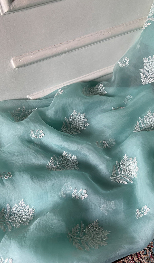 Women's Lakhnavi Handcrafted Pure Organza Chikankari Unstitched Full Suit Material - HONC0351123