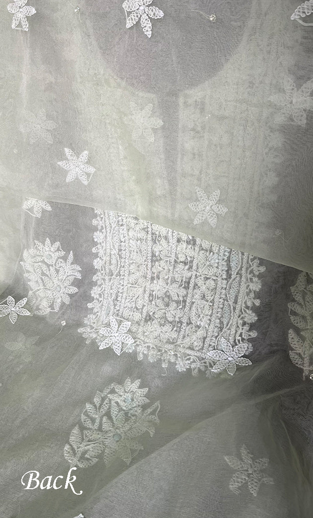 Women's Lakhnavi Handcrafted Organza Chikankari Unstitched Full Suit Material - HONC0258373