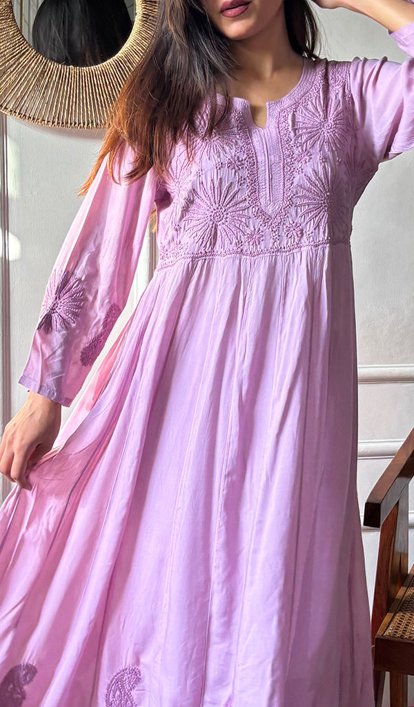 Women's Lucknowi Handcrafted Muslin Chikankari Anarkali Dress - HONC0149492