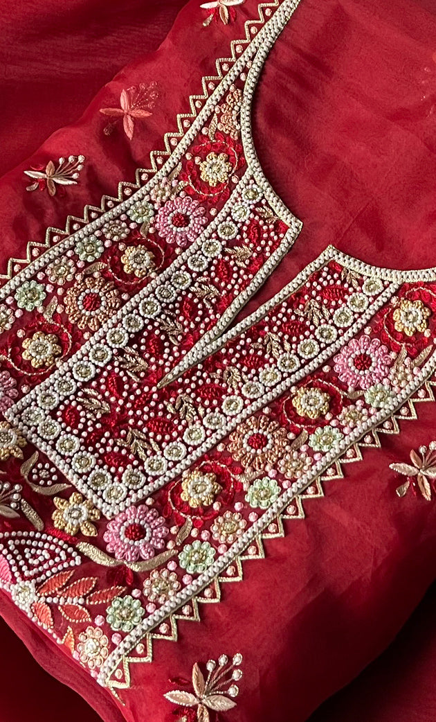 Women's Lakhnavi Handcrafted Pure Organza Chikankari Unstitched Kurta And Dupatta Set- HONC0335374