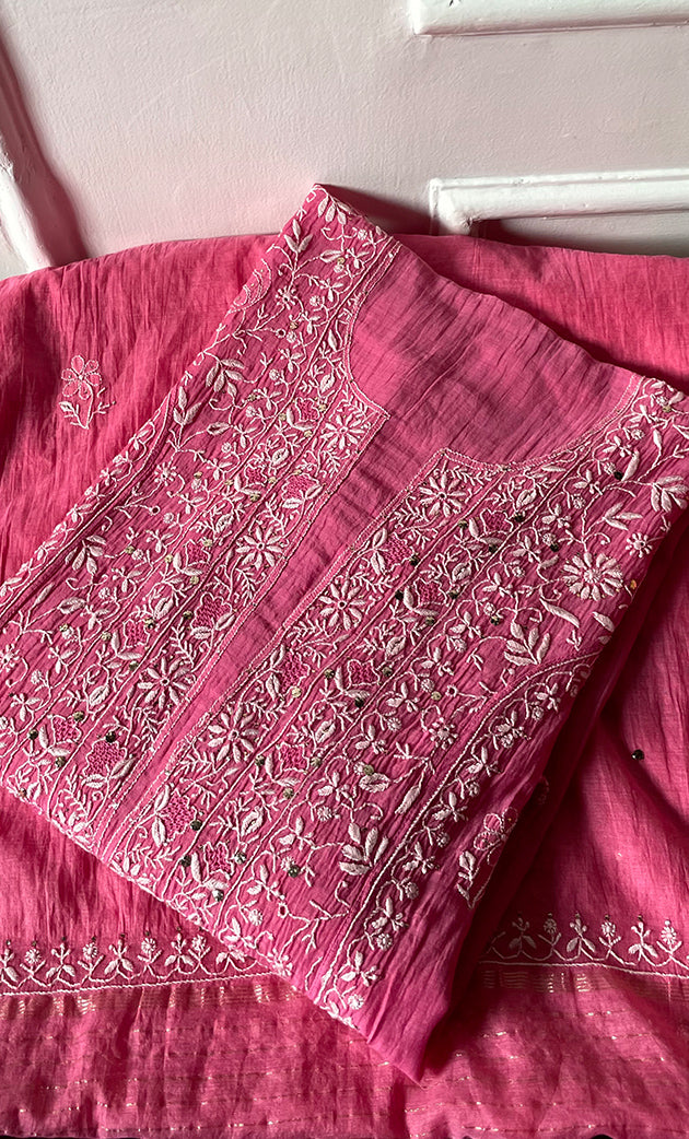 Women's Lakhnavi Handcrafted Mul Chanderi Semi - Stitched Kurta And Dupatta Set - HONC0282431