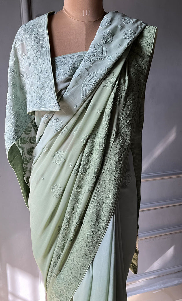Women's Lakhnavi Handcrafted Viscose Georgette Chikankari Saree - HONC0301803
