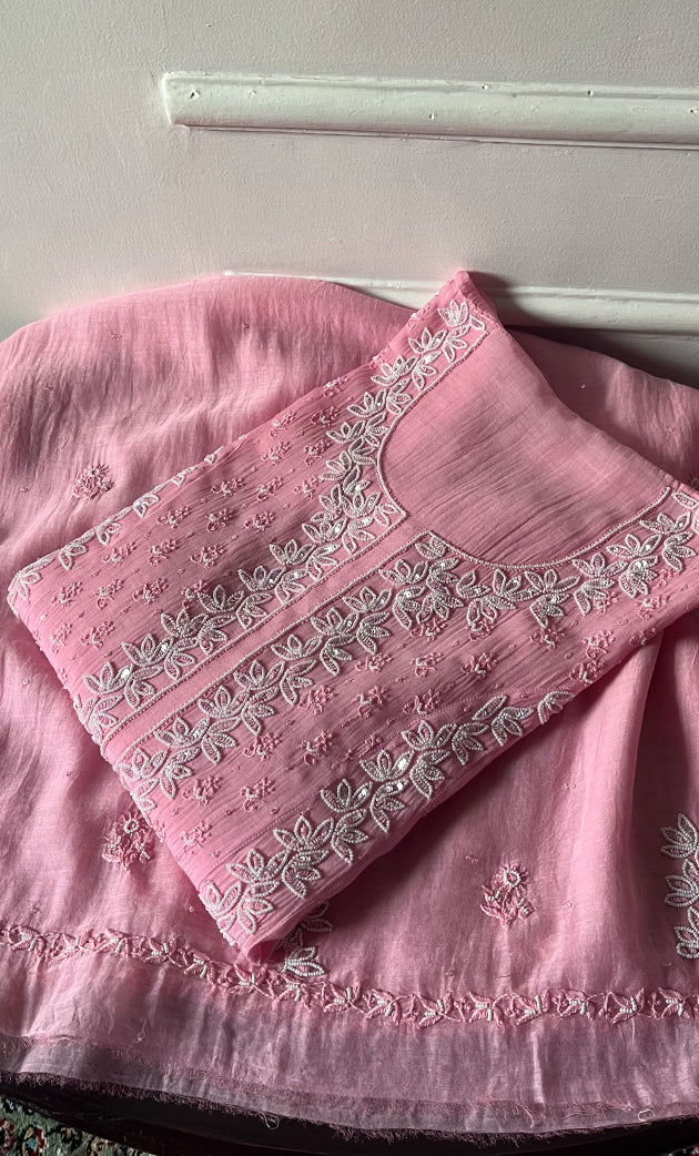 Saziya Women's Lakhnavi Handcrafted Mul Chanderi Semi - Stitched Kurta And Dupatta Set - HONC0324282