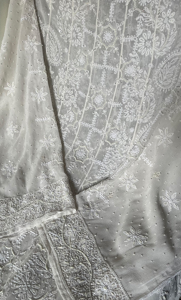 Women's Lakhnavi Handcrafted Pure Silk Georgette Chikankari  Unstitched Anarkali And Dupatta Set- HONC0321064