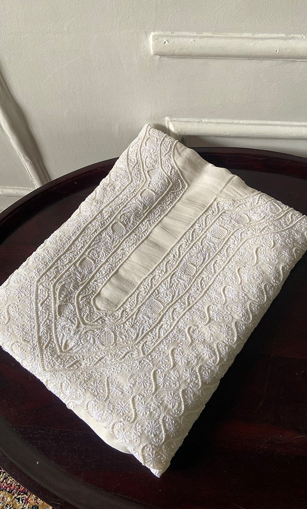 Lucknowi Handcrafted Pure Silk Georgette Chikankari Unstitched Men's Kurta Fabric - HONC0284198