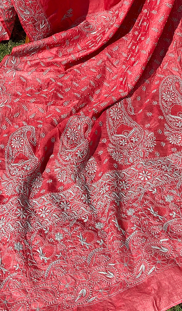 Women's Lakhnavi Handcrafted Tussar Silk Chikankari Saree - HONC0245864