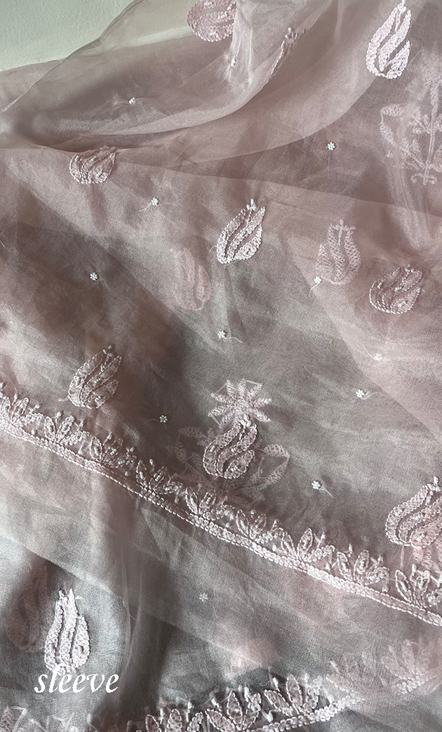 Women's Lakhnavi Handcrafted Organza Chikankari Unstitched Full Suit Material - HONC0271220