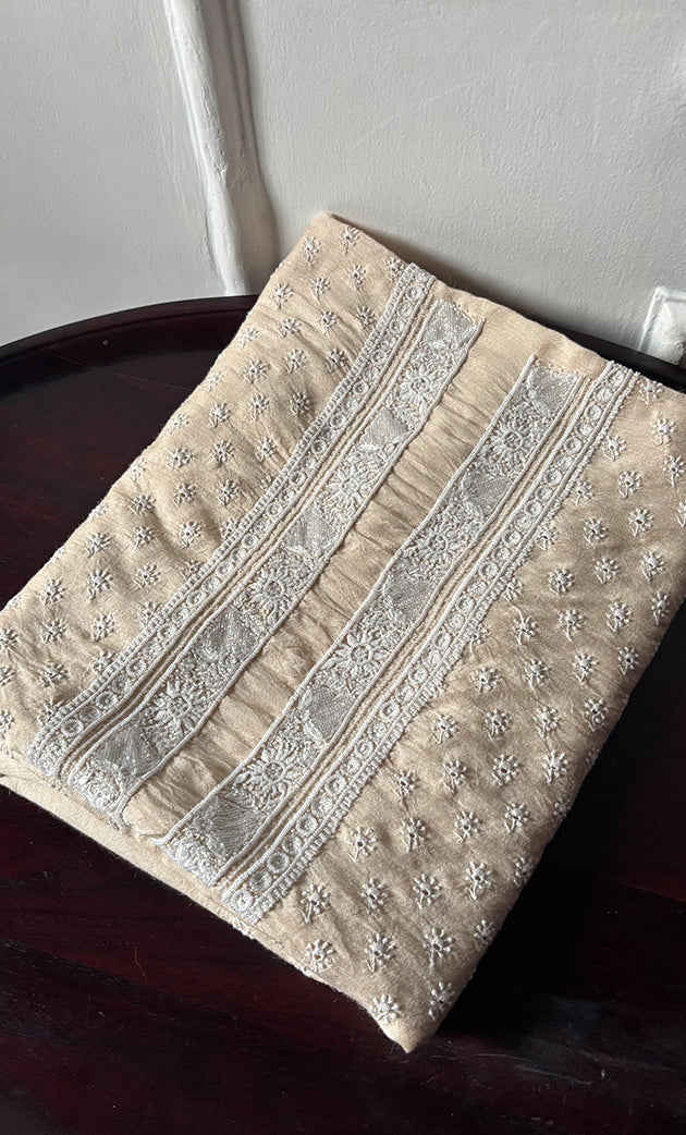Lucknowi Handcrafted Munga Silk Chikankari Unstitched Unisex Kurta Fabric - HONC0320844