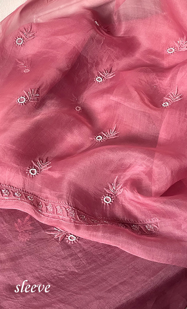 Women's Lakhnavi Handcrafted Pure Organza Chikankari Unstitched Kurta And Dupatta Set- HONC0314168