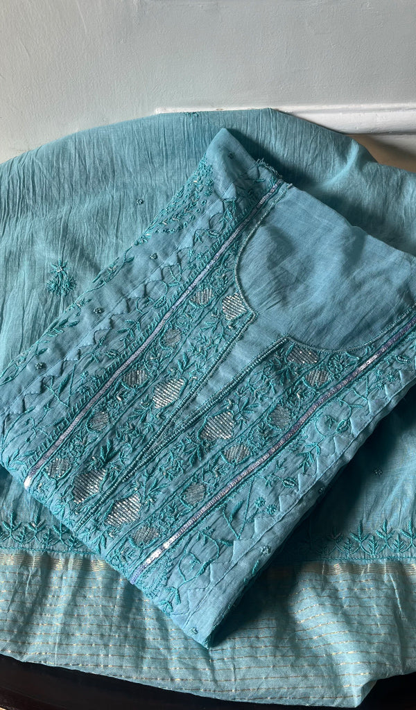 Women's Lakhnavi Handcrafted Mul Chanderi Semi - Stitched Kurta And Dupatta Set - HONC0296164