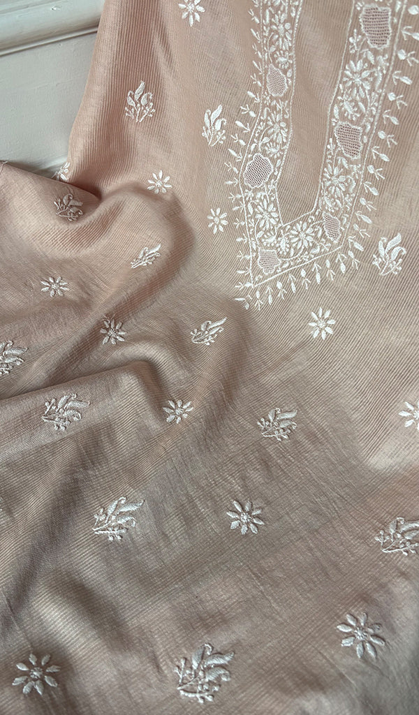 Lucknowi Handcrafted Maheshwari Mul chanderi Chikankari Unstitched Men's Kurta Fabric - HONC0288622