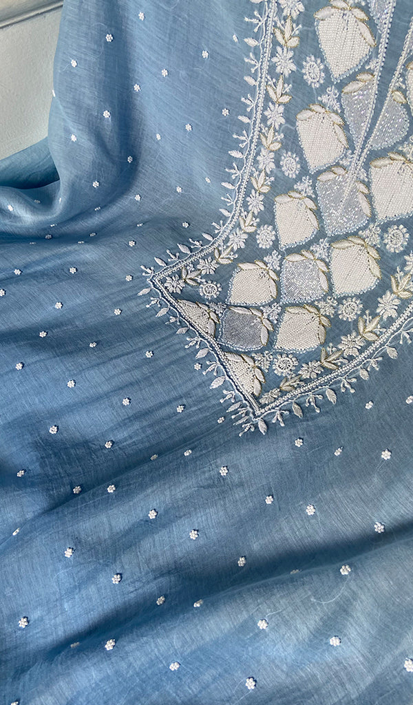 Jazba Women's Lakhnavi Handcrafted Mul Chanderi UnStitched Kurta And Dupatta Set - HONC0370173