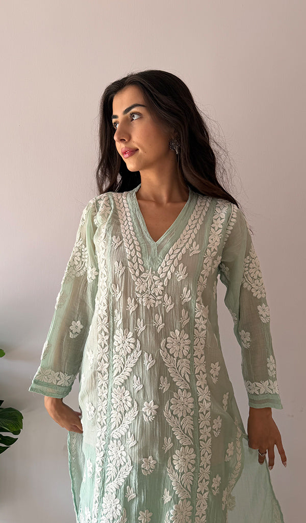Women's Lucknowi Handcrafted Mul Chanderi Stitched Chikankari Kurta And Plazzo Set- HONC0378796