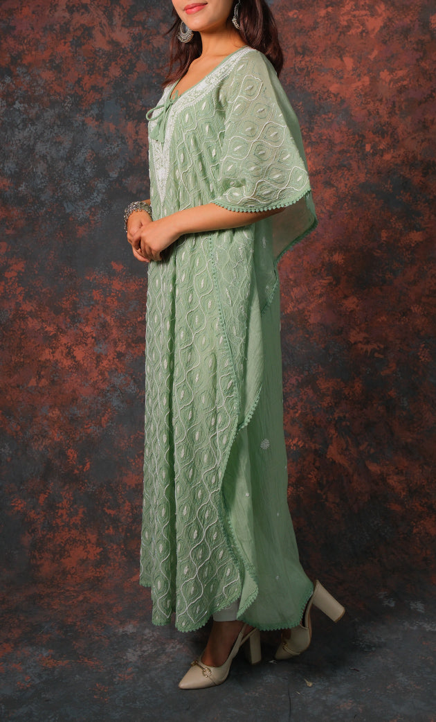 Rabia Women's Lucknowi Handcrafted Mul chanderi Chikankari Kaftan - HONC0313259